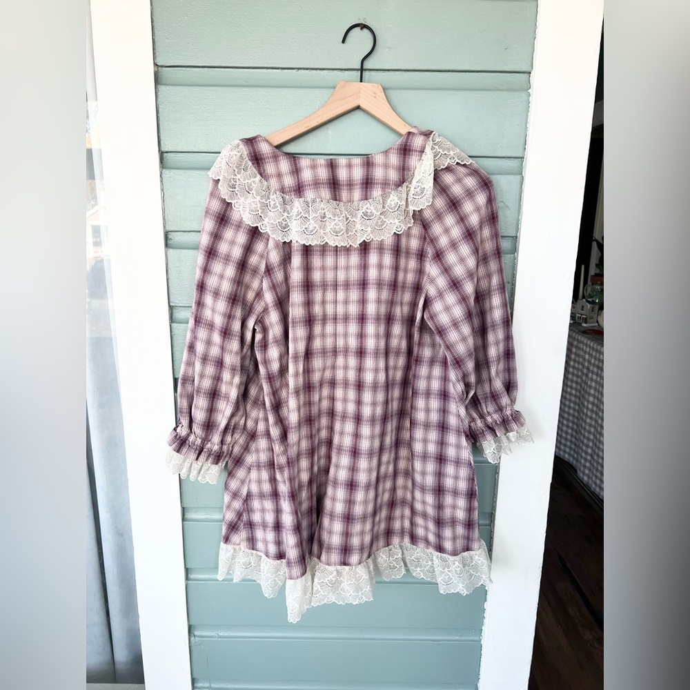 Anthropologie flannel pajama romper Victorian cozy purple plaid 100% cotton fall - Picture 7 of 9